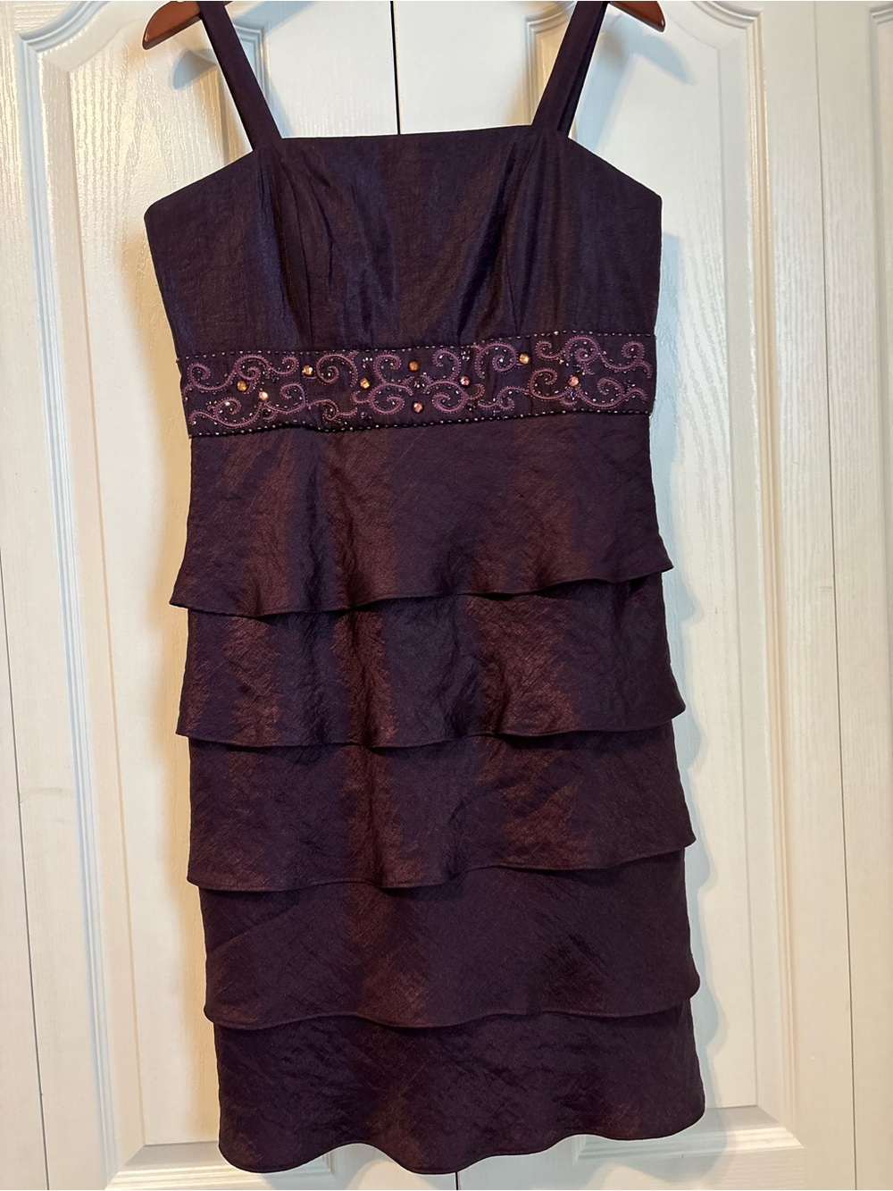 R&M Richards Purple Tiered Cocktail Dress with Beaded Waistband